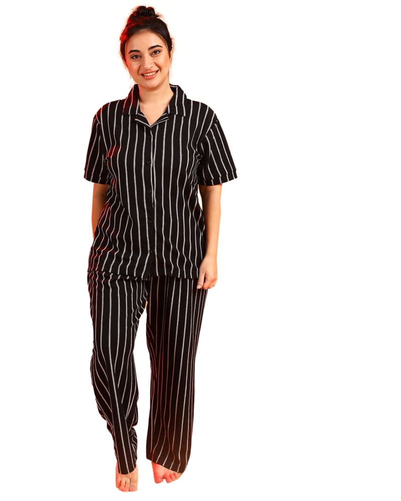 Front of a model wearing a size 6XL Black Striped Night Wear with Trouser in Black by Instafab Plus. | dia_product_style_image_id:297296